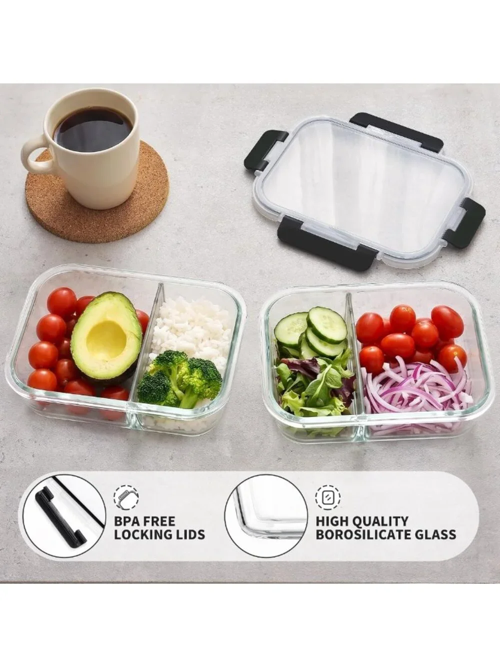 8-Pack 36oz Glass Meal Prep Containers with Lids - 2 Compartment, BPA-Free